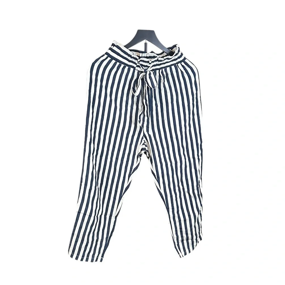 ZARA Navy White Striped Paperbag Waist Pants Size 8 - Picture 6 of 13